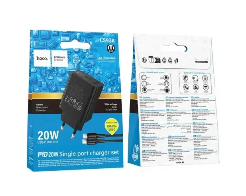 МЗП HOCO CS93A Leader single port PD20W charger set(C to C) (EU) Black mag-6942007671071153850
