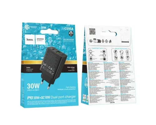 МЗП HOCO CS95A Leader PD30W+QC3.0 charger(EU) black mag-6942007671149153109