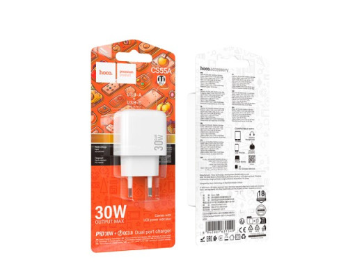 МЗП HOCO CS55A Surplus PD30W+QC3.0 charger White mag-6942007631549142586