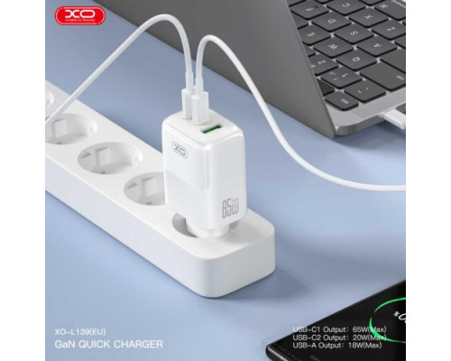 МЗП XO L139 (EU) 65W GaN nitride (1USB-A 45W+2USB-C 65W) fast charging білий mag-6920680855452140382