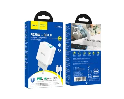 МЗП HOCO C105A Stage 1USB-C/1USB-A/PD20W/QC3.0/3A/C-to-C Cable White mag-6931474782922144000