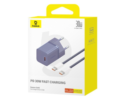 МЗП Baseus GaN5 Fast Charger(mini) 1C 30W EU Cable Type-C to Type-C 1m Purple P10110902523-00 mag-6932172654436135319