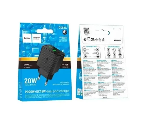 МЗП HOCO CS83A Excellent PD20W+QC3.0 charger with digital display(EU) Black mag-6942007664523153035