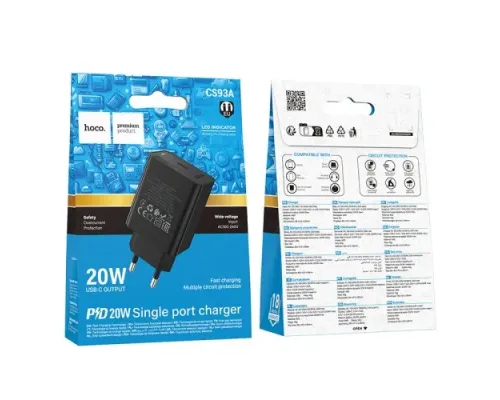 МЗП HOCO CS93A Leader single port PD20W charger(EU) Black mag-6942007671064153045