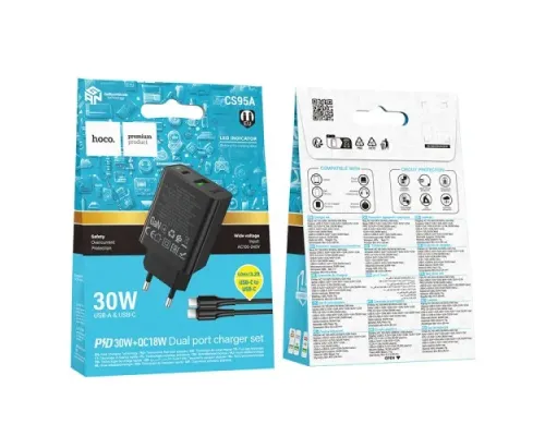 МЗП HOCO CS95A Leader PD30W+QC3.0 charger set(C to C)(EU) black mag-6942007671156153110