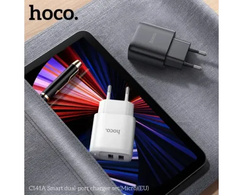 МЗП HOCO C141A Smart dual-port charger set 5V/2.1A +Micro White mag-6942007627894153948
