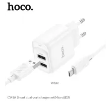 МЗП HOCO C141A Smart dual-port charger set 5V/2.1A +Micro White mag-6942007627894153948