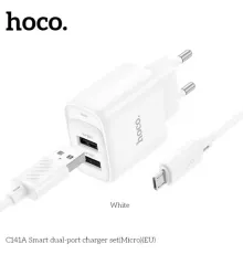 МЗП HOCO C141A Smart dual-port charger set 5V/2.1A +Micro White mag-6942007627894153948
