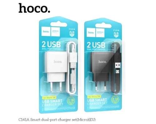 МЗП HOCO C141A Smart dual-port charger set 5V/2.1A +Micro White mag-6942007627894153948