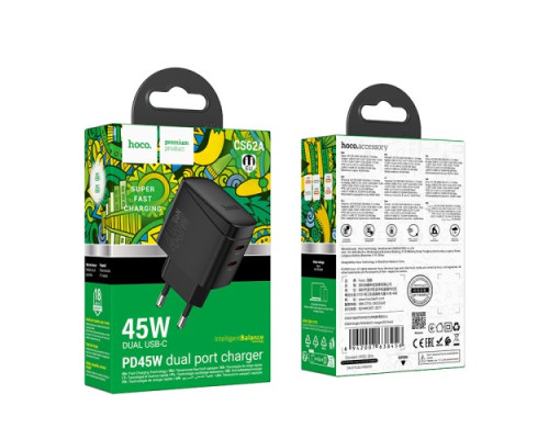 МЗП HOCO CS62A Bright PD45W(2C) charger Black mag-6942007638456139072