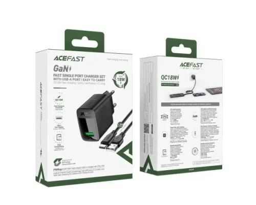 МЗП ACEFAST A90 QC18W GaN (USB-A) Cable USB to Type-C 1,2m Black mag-6974316280064153264