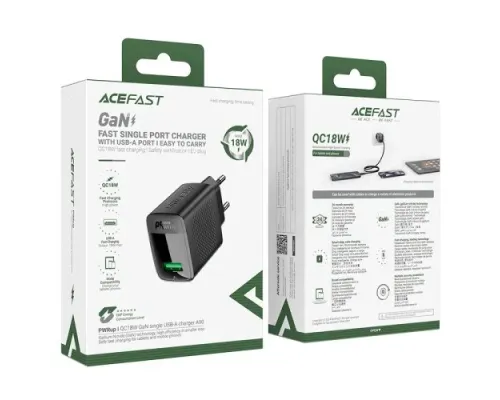МЗП ACEFAST A90 QC18W GaN single (USB-A) charger Black mag-6974316283249153276