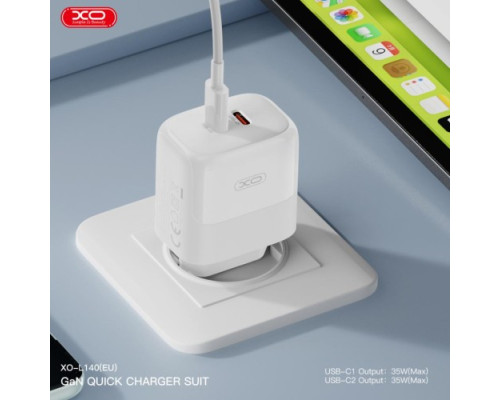 МЗП XO L140 (EU) 35W GaN Nitride (2USB-C) Fast Charging Білий mag-6920680855490140383