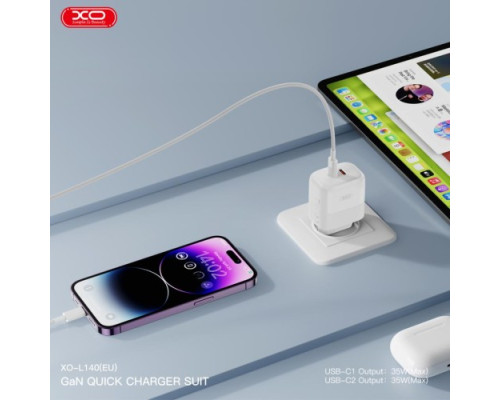 МЗП XO L140 (EU) 35W GaN Nitride (2USB-C) Fast Charging Білий mag-6920680855490140383