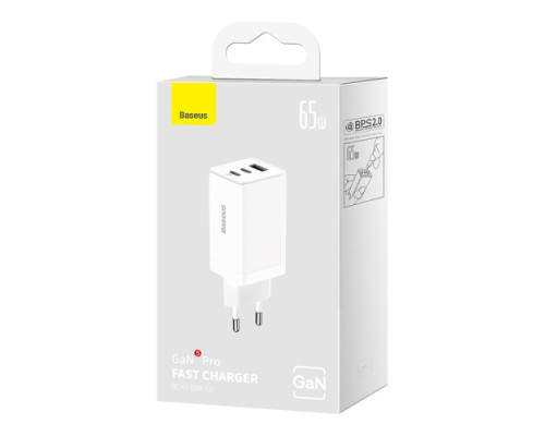 МЗП Baseus GaN5 Pro Fast Charger 2C+U 65W EU Cable Type-C to Type-C 1m White CCGP120202 mag-6932172617516128877