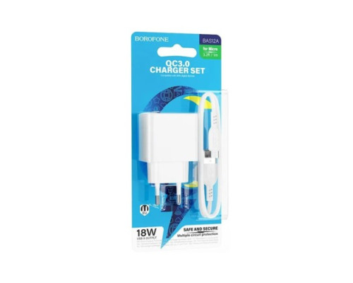 МЗП BOROFONE BAS12A Erudite single port 18W/QC3.0/1USB + Micro білий mag-6941991104763137603