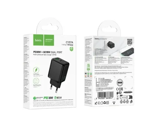 МЗП HOCO C157A Smart PD30W+QC3.0 multi-protocol charger(EU) Black mag-6942007663847152411