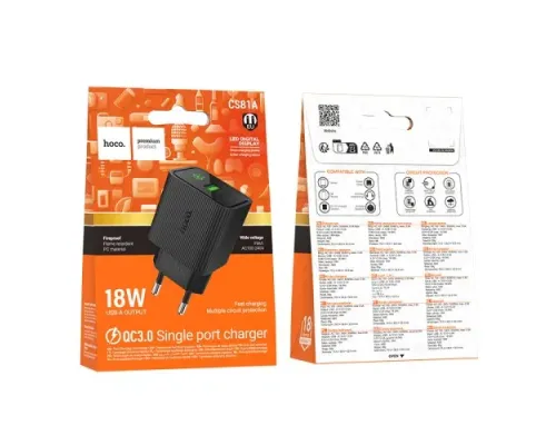 МЗП HOCO CS81A Excellent single port QC3.0 charger with digital display(EU) Black mag-6942007664462153101