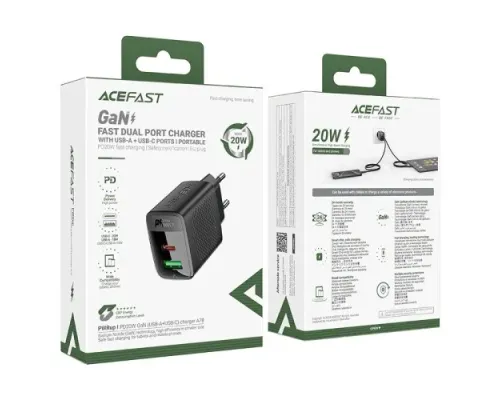 МЗП ACEFAST A78 PD20W GaN (USB-A+USB-C) charger Black mag-6974316283256153277