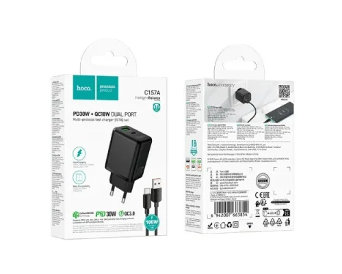 МЗП HOCO C157A Smart PD30W+QC3.0 multi-protocol charger set(Type-C)(EU) Black mag-6942007663854152412