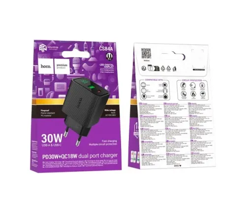 МЗП HOCO CS84A Excellent PD30W+QC3.0 charger with digital display(EU) black mag-6942007664554153102
