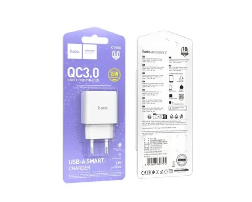 МЗП HOCO C140A Smart single port QC3.0 charger 18W (QC/FCP/AFC) White mag-6942007627795153027