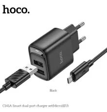 МЗП HOCO C141A Smart dual-port charger set 5V/2.1A +Micro Black mag-6942007627887152123