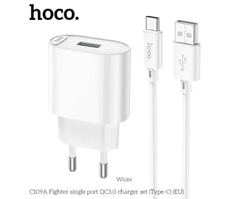 МЗП HOCO C109A Fighter 1USB/18W/QC3.0/Type-C Cable White mag-6931474784834146027