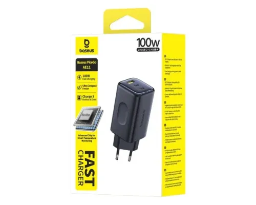 МЗП Baseus PicoGo AE11 Fast Charger 2C+U 100W Black E0121400 mag-6932172699932152091