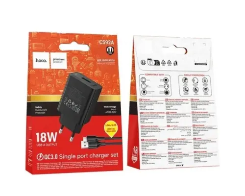 МЗП HOCO CS92A Leader single port QC3.0 charger set(Micro) (EU) Black mag-6942007671040153873