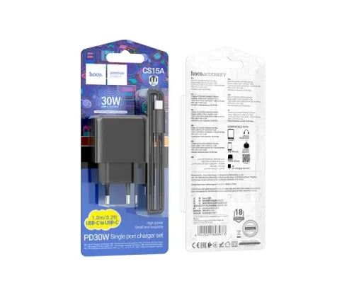 МЗП HOCO CS15A Ocean single port PD30W charger set(Type-C to Type-C) Black mag-6942007603973131466