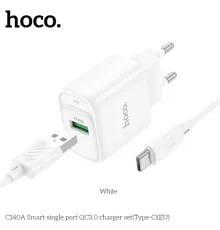 МЗП HOCO C140A Smart single port QC3.0 charger set 18W (QC/FCP/AFC) + Type-C Cable White mag-6942007627832153028