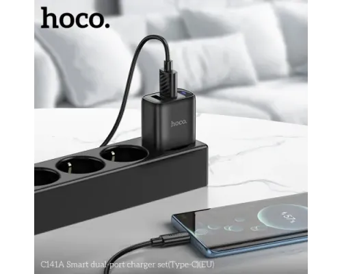 МЗП HOCO C141A Smart dual-port charger set 5V/2.1A + Type-C Cable Black mag-6942007627900152124