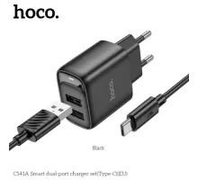 МЗП HOCO C141A Smart dual-port charger set 5V/2.1A + Type-C Cable Black mag-6942007627900152124