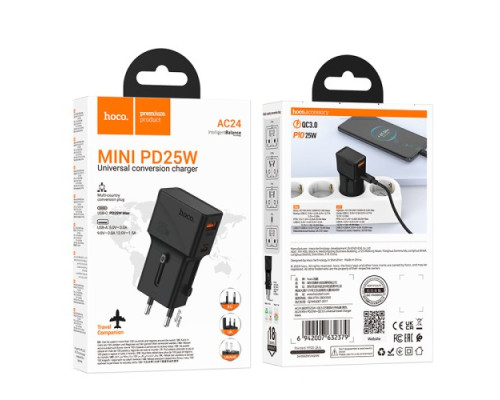 МЗП HOCO AC24 Mini PD25W+QC3.0 universal travel charger Black mag-6942007632379132686