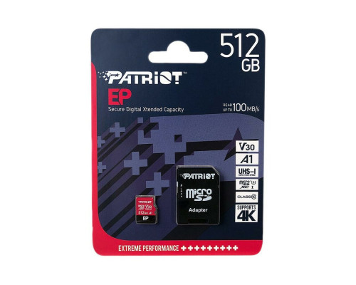 microSDXC (UHS-1 U3) Patriot EP Series 512Gb class 10 V30 (R-100MB/s, W-80MB/s) (adapter SD) (PEF512GEP31MCX)