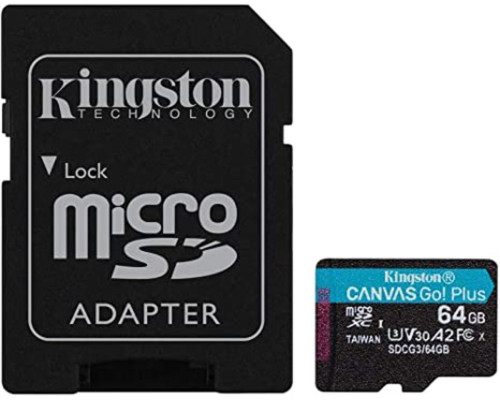 microSDXC (UHS-1 U3) Kingston Canvas Go Plus 64Gb class 10 A2 V30 (R170MB/s, W70MB/s) (adapter SD) (SDCG3/64GB)