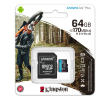 microSDXC (UHS-1 U3) Kingston Canvas Go Plus 64Gb class 10 A2 V30 (R170MB/s, W70MB/s) (adapter SD) (SDCG3/64GB)