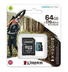 microSDXC (UHS-1 U3) Kingston Canvas Go Plus 64Gb class 10 A2 V30 (R170MB/s, W70MB/s) (adapter SD) (SDCG3/64GB)