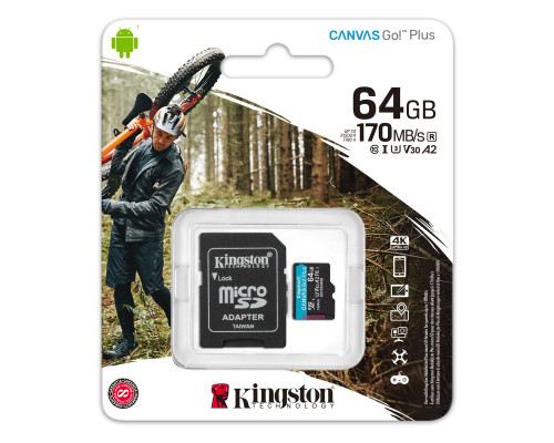 microSDXC (UHS-1 U3) Kingston Canvas Go Plus 64Gb class 10 A2 V30 (R170MB/s, W70MB/s) (adapter SD) (SDCG3/64GB)