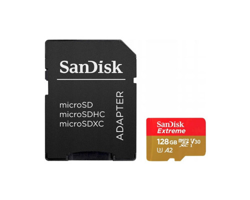 microSDXC (UHS-1 U3) SanDisk Extreme For Action Cams and Drones A2 128Gb class 10 V30 (R190MB/s,W90MB/s) (adapter) (SDSQXAA-128G-GN6AA)