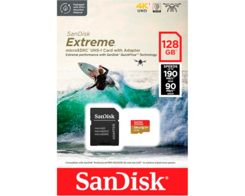 microSDXC (UHS-1 U3) SanDisk Extreme For Action Cams and Drones A2 128Gb class 10 V30 (R190MB/s,W90MB/s) (adapter) (SDSQXAA-128G-GN6AA)