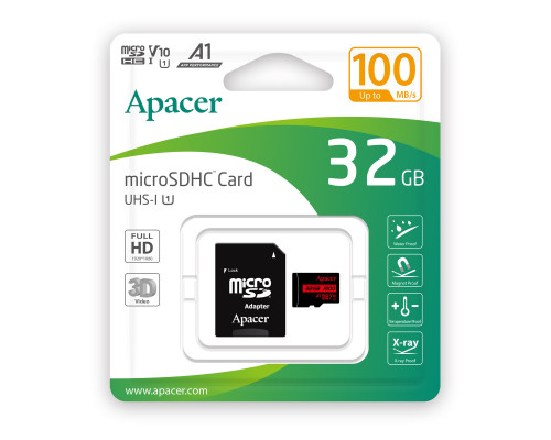 microSDHC (UHS-1) Apacer 32Gb class 10 V10 A1 R100MB/s (adapter SD) (AP32GMCSH10UB-R)