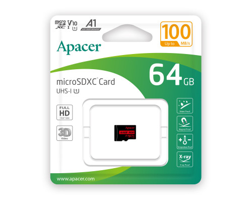 microSDXC (UHS-1) Apacer 64Gb class 10 V10 A1 R100MB/s (AP64GMCSX10UB-RA)