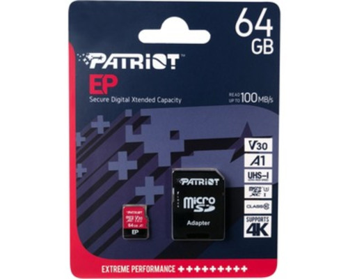 microSDXC (UHS-1 U3) Patriot EP Series 64Gb class 10 V30 (R-100MB/s, W-80MB/s) (adapter SD) (PEF64GEP31MCX)