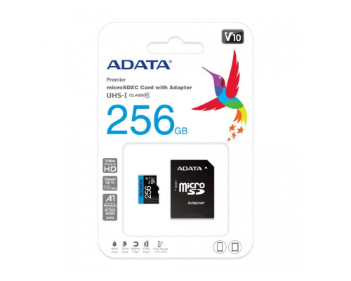 microSDXC (UHS-1) A-DATA Premier 256Gb Class 10 А1 (R-100Mb/s) (adapter SD) (AUSDX256GUICL10A1-RA1)