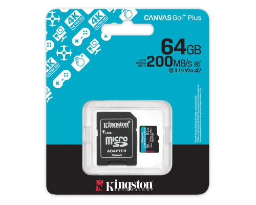 Карта пам'яті microSDXC (UHS-1 U3) Kingston Canvas Go! Plus 64Gb class 10 A2 V30 (R200MB/s) (adapter SD) (SDCG4/64GB)