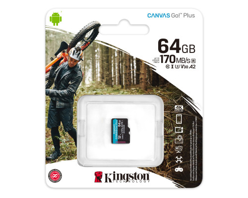 microSDXC (UHS-1 U3) Kingston Canvas Go Plus 64Gb class 10 A2 V30 (R170MB/s, W70MB/s) (SDCG3/64GBSP)