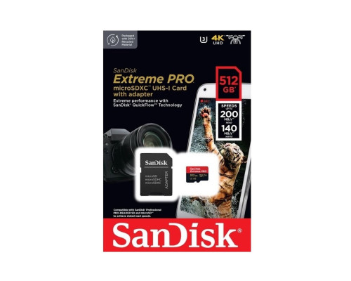 microSDXC (UHS-1 U3) SanDisk Extreme Pro A2 512Gb class 10 V30 (R200MB/s,W140MB/s) (adapter) (SDSQXCD-512G-GN6MA)