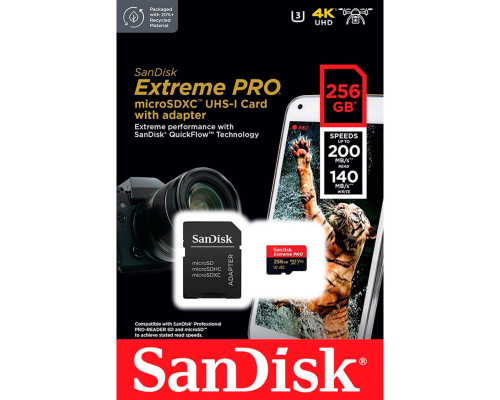 microSDXC (UHS-1 U3) SanDisk Extreme Pro A2 256Gb class 10 V30 (R200MB/s,W140MB/s) (adapter) (SDSQXCD-256G-GN6MA)